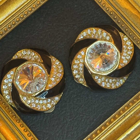 VTG Black Enamel and Crystal Swirl Earrings - Picture 8 of 16